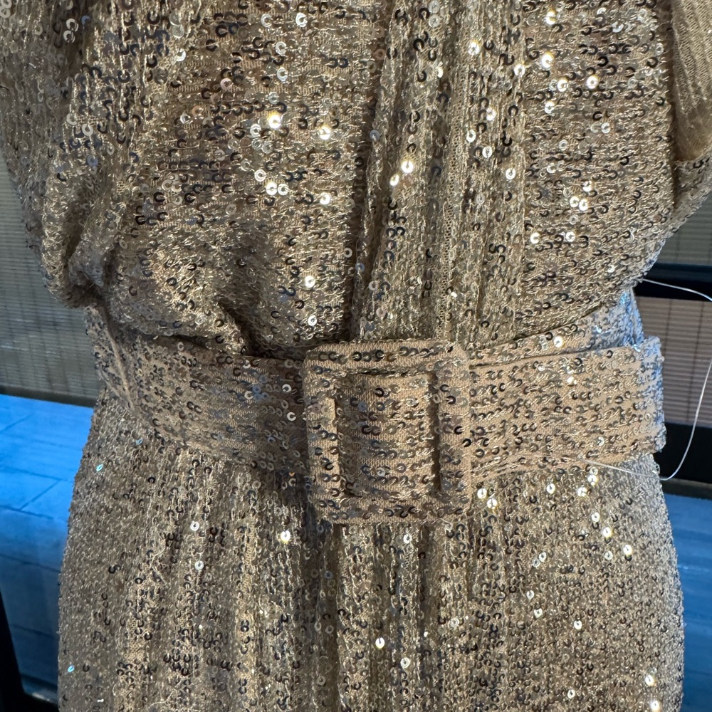 Badgley Mischka Silver Sequin Strapless Gown with Bow Detail - Picture 6 of 9